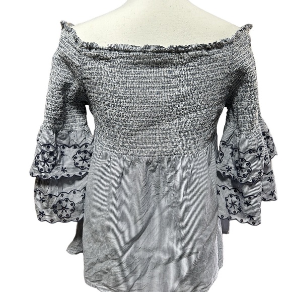 BeachLunchLounge, large, blue embroidered off the shoulder top. Cotton. - Picture 2 of 10